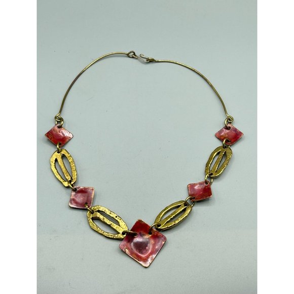 Vintage 70s Brutalist Necklace Handcrafted Brass & Enamel Statement Jewelry - Picture 6 of 6